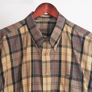 Barbour Men's Tan, Gray and Red-Striped Plaid Long-Sleeve Button Down Shirt